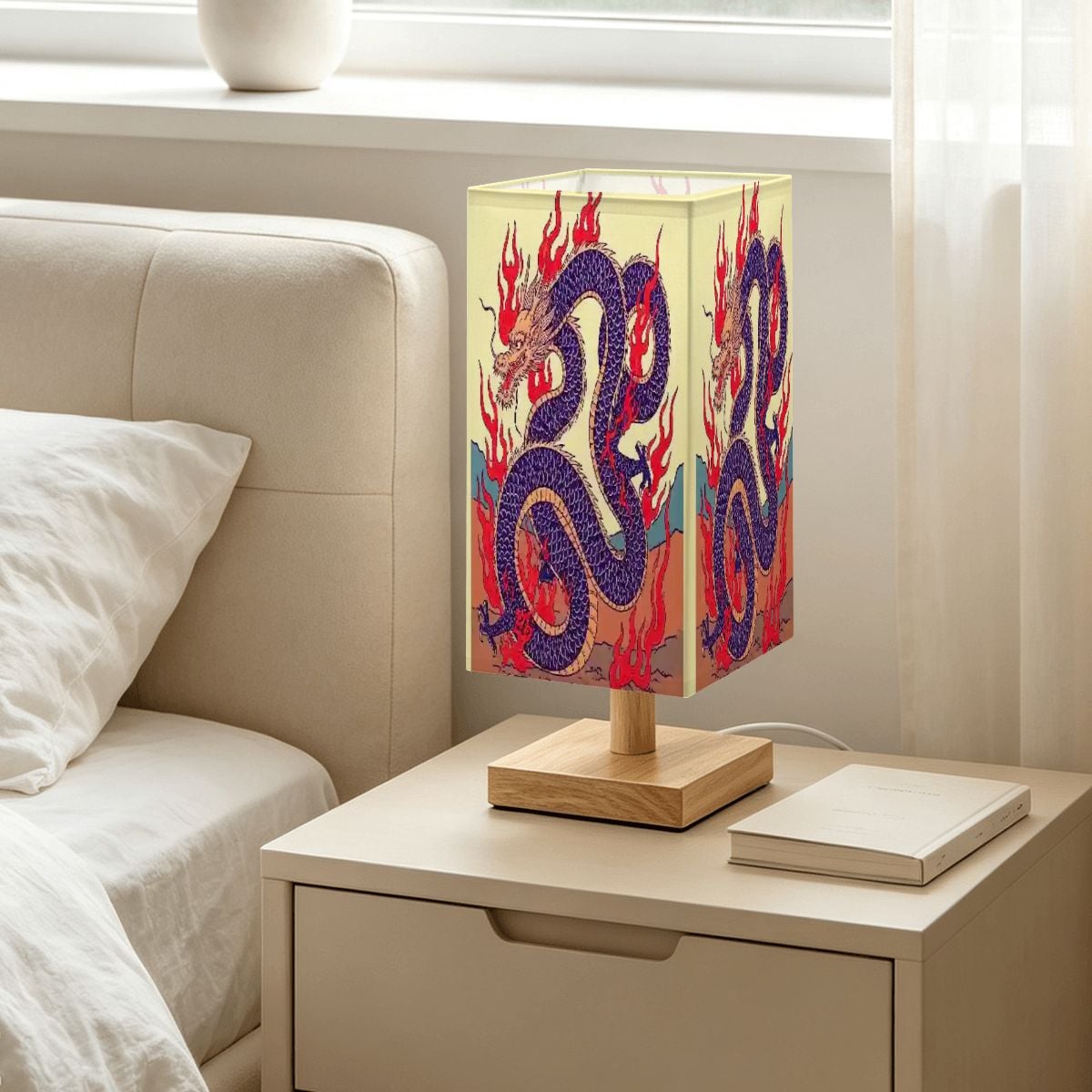 Large Square Table Lamp Fire Dragon Design
