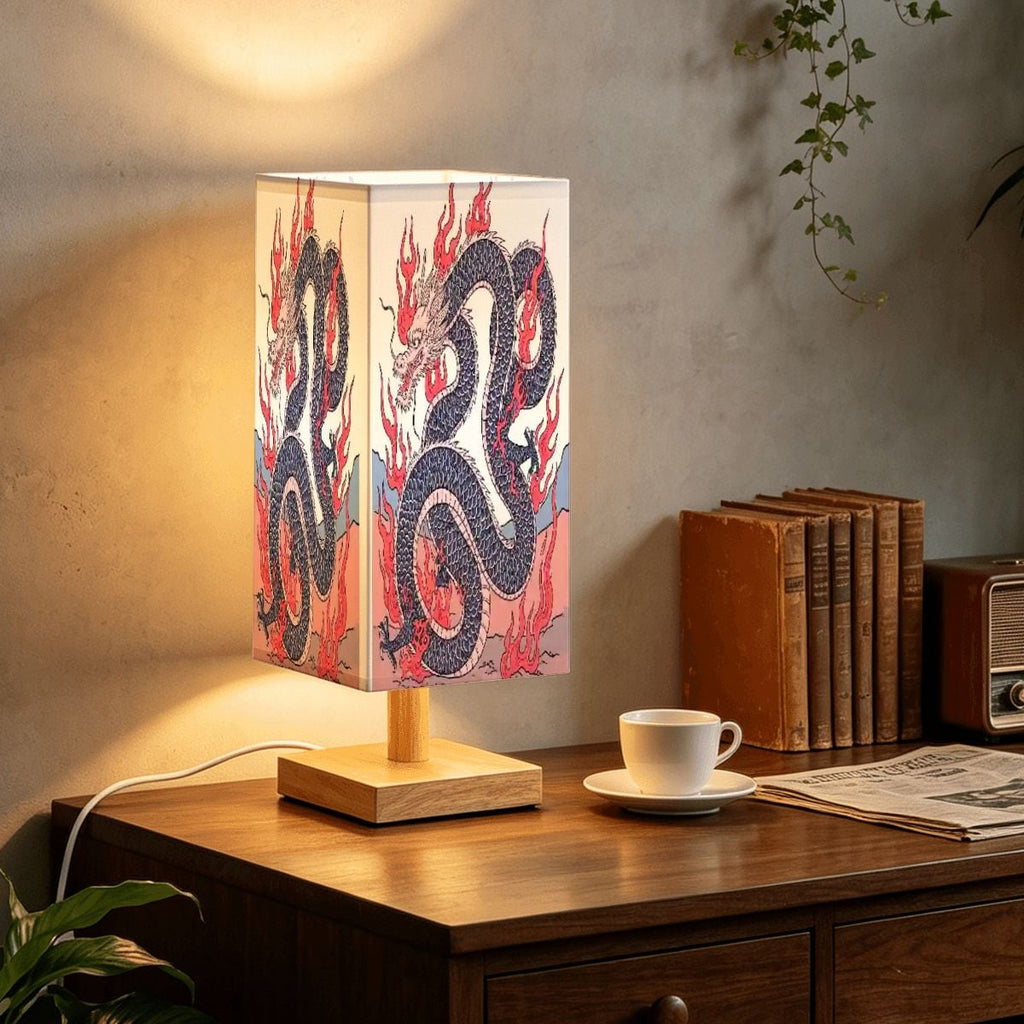 Large Square Table Lamp Fire Dragon Design