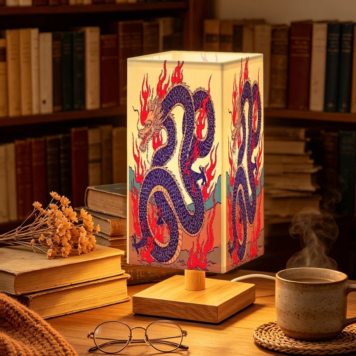 Large Square Table Lamp Fire Dragon Design