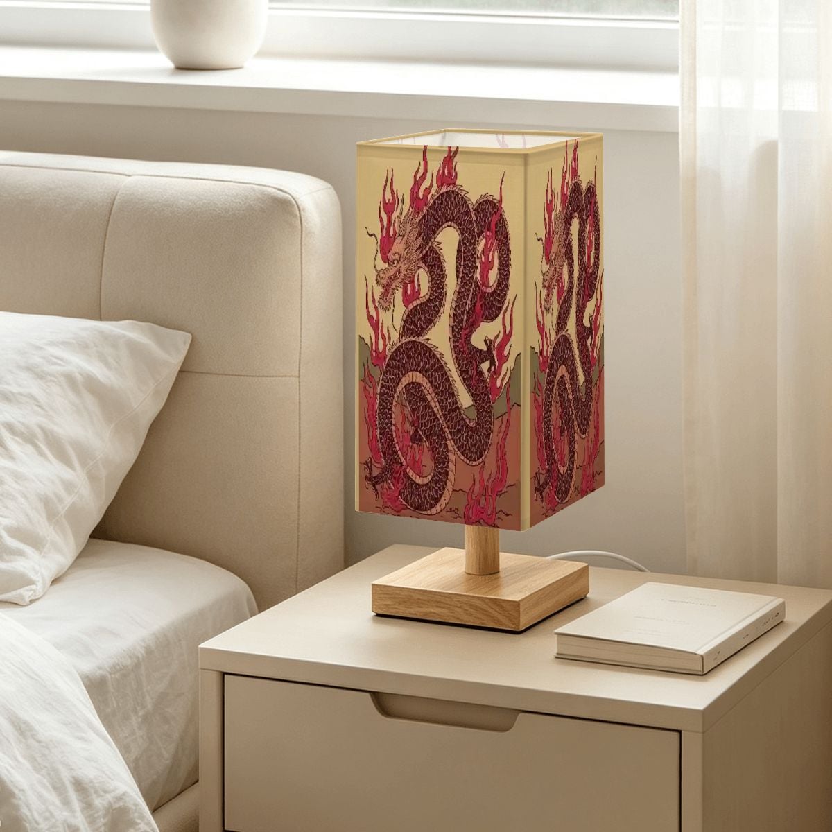 Large Square Table Lamp Fire Dragon Design