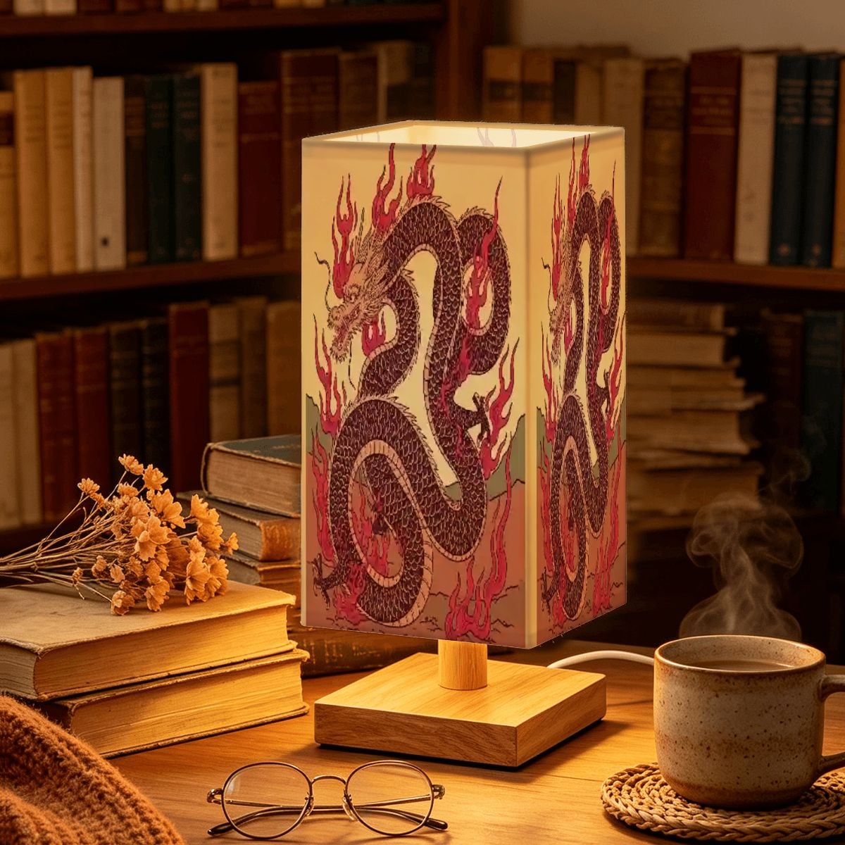 Large Square Table Lamp Fire Dragon Design