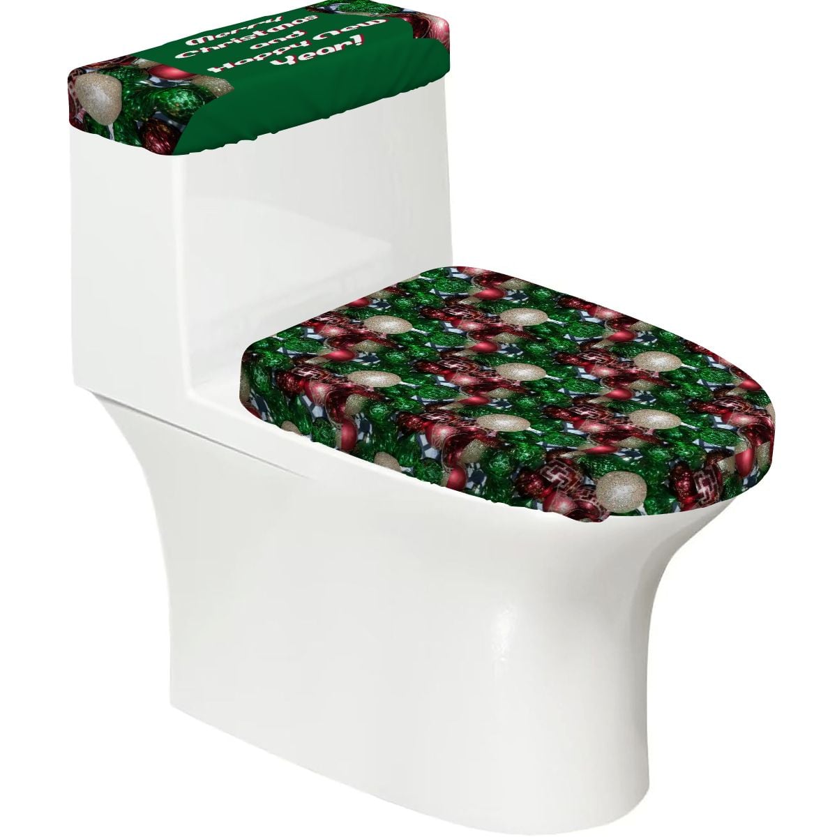 Happy Holidays Toilet Seat Lid and Tank Cover Set Tree Ornaments Design