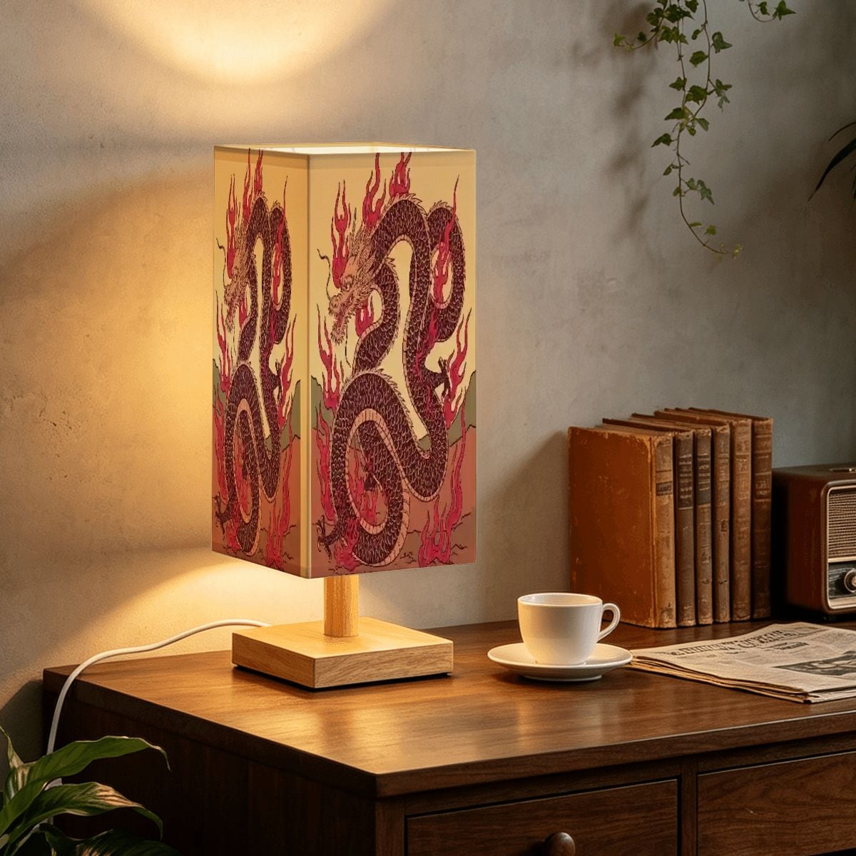Large Square Table Lamp Fire Dragon Design
