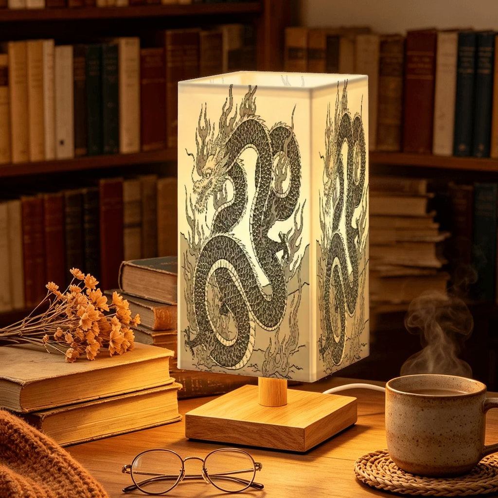 Large Square Table Lamp Fire Dragon Design