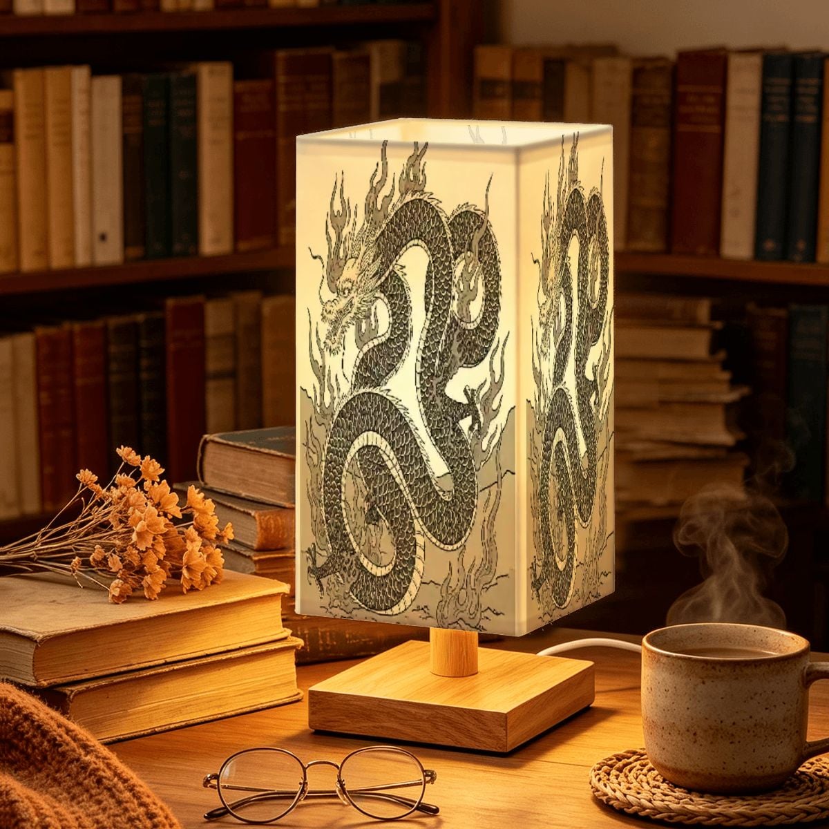 Large Square Table Lamp Fire Dragon Design