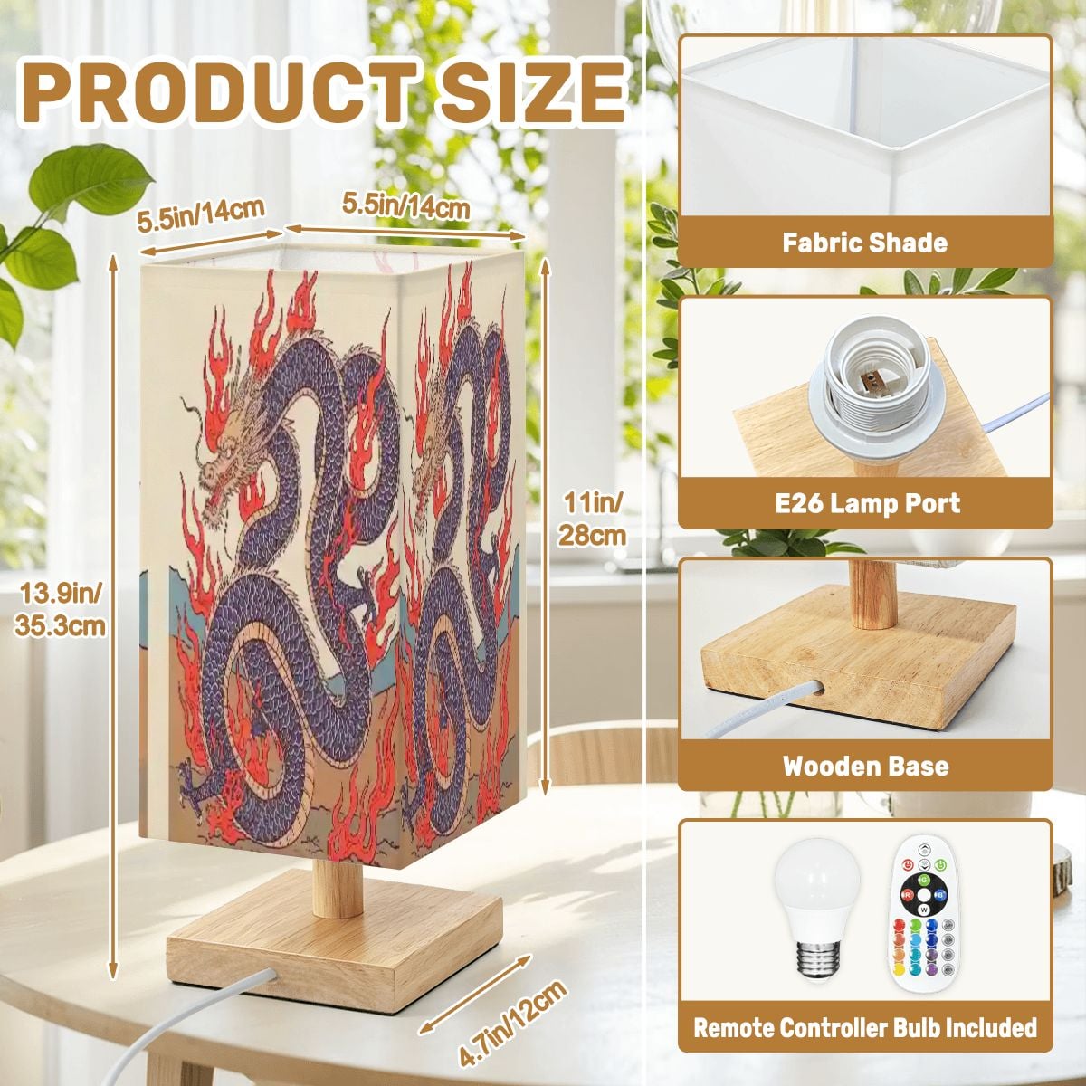 Large Square Table Lamp Fire Dragon Design
