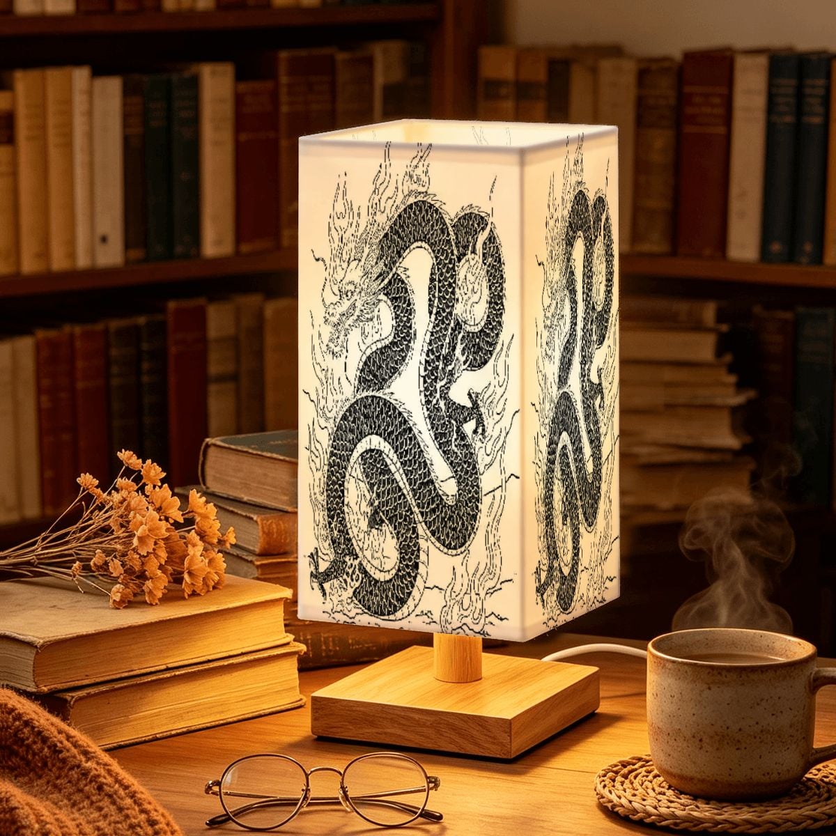 Large Square Table Lamp Fire Dragon Design