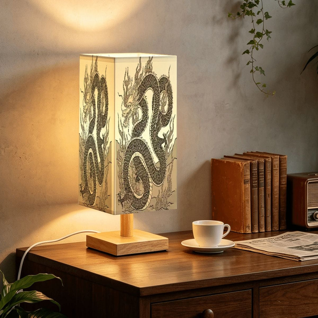 Large Square Table Lamp Fire Dragon Design