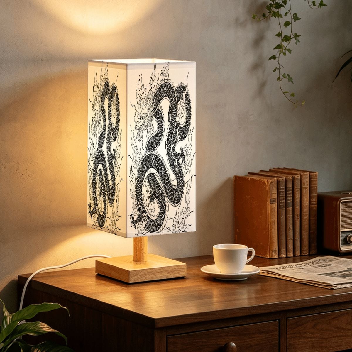 Large Square Table Lamp Fire Dragon Design