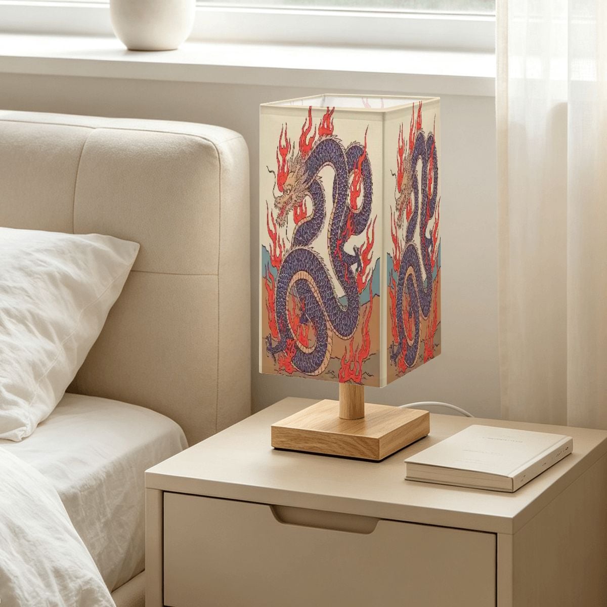 Large Square Table Lamp Fire Dragon Design