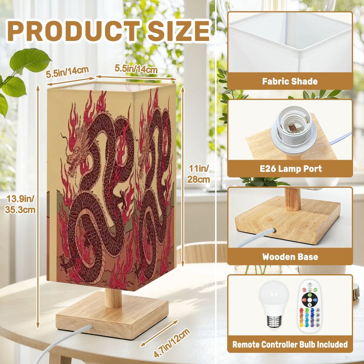 Large Square Table Lamp Fire Dragon Design