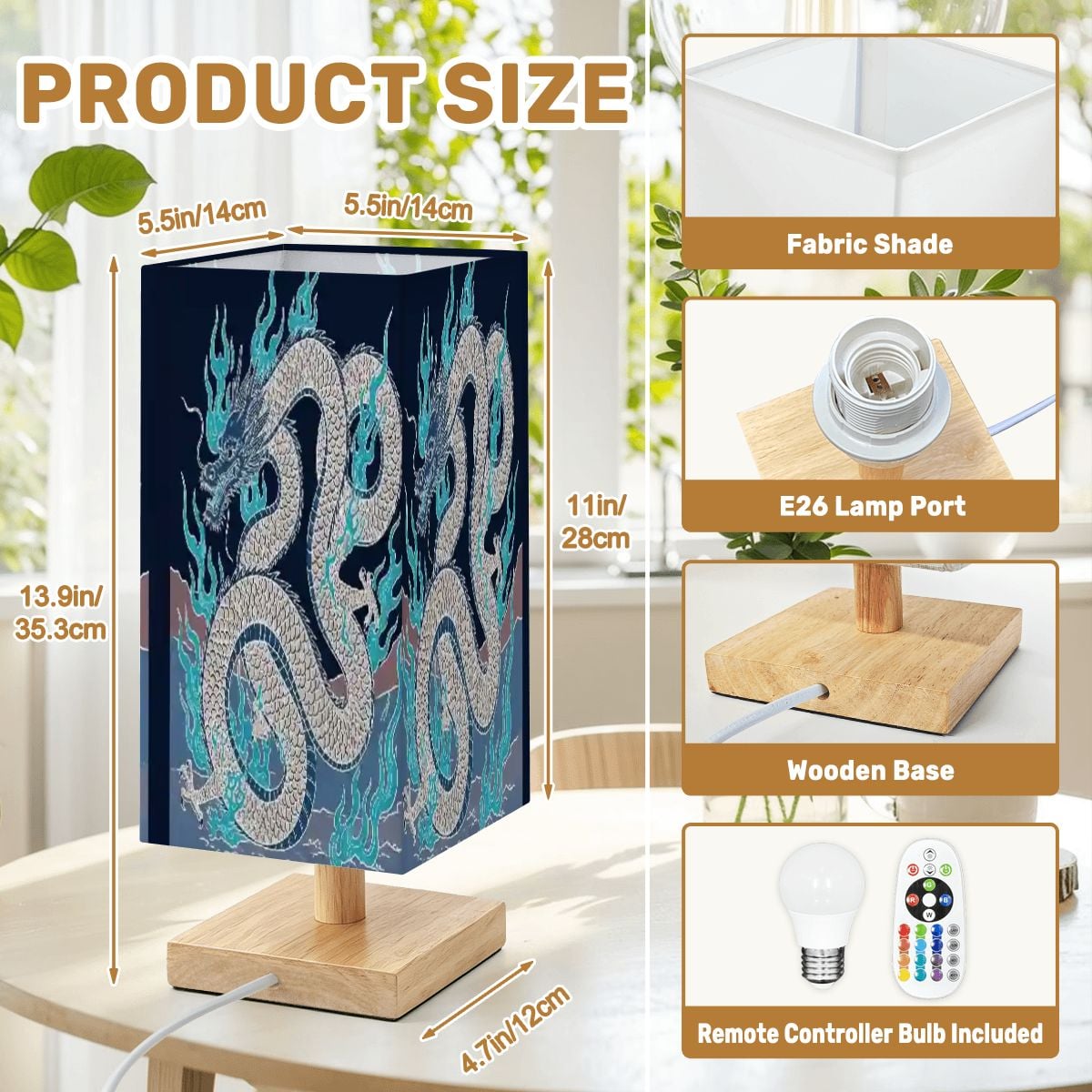 Large Square Table Lamp Fire Dragon Design