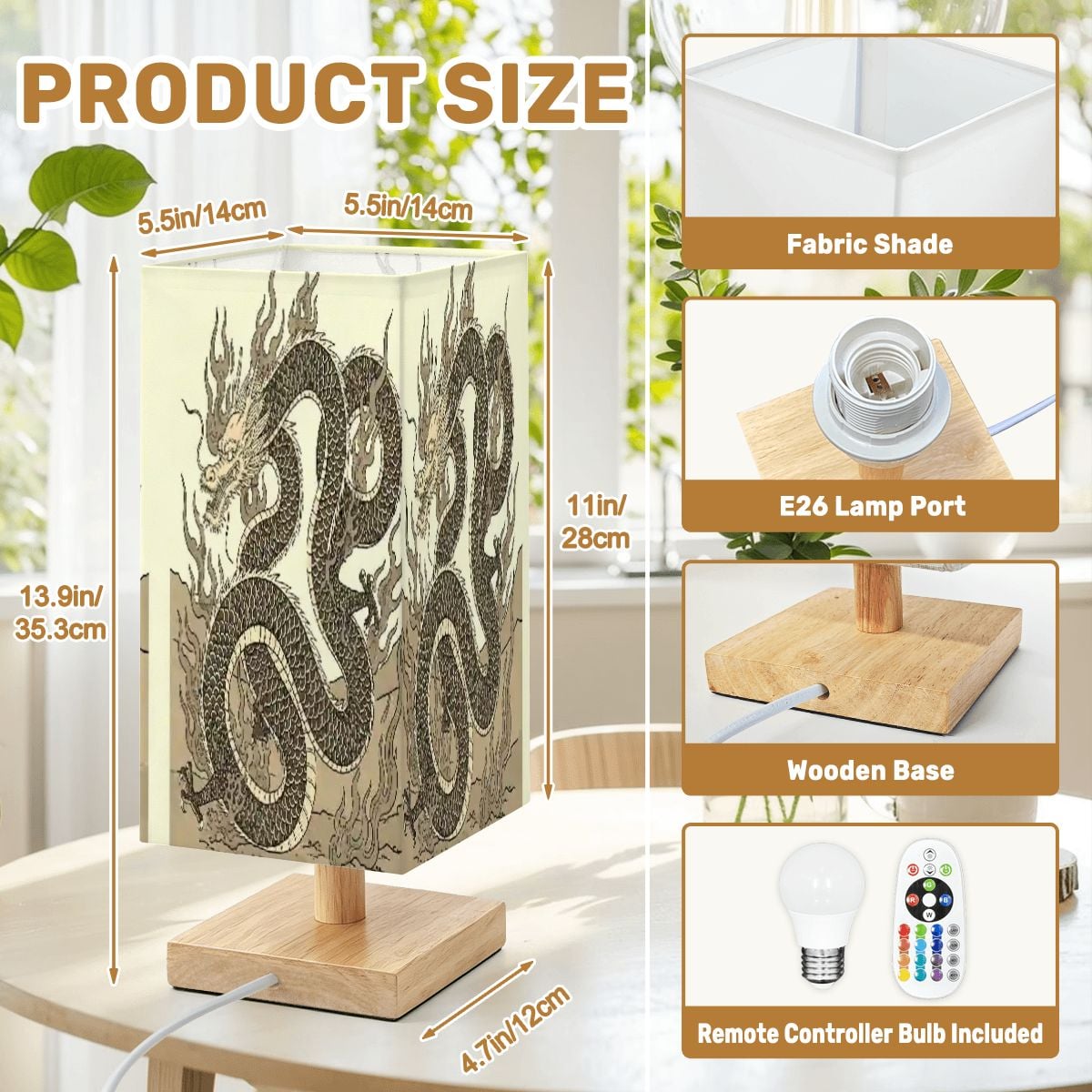 Large Square Table Lamp Fire Dragon Design
