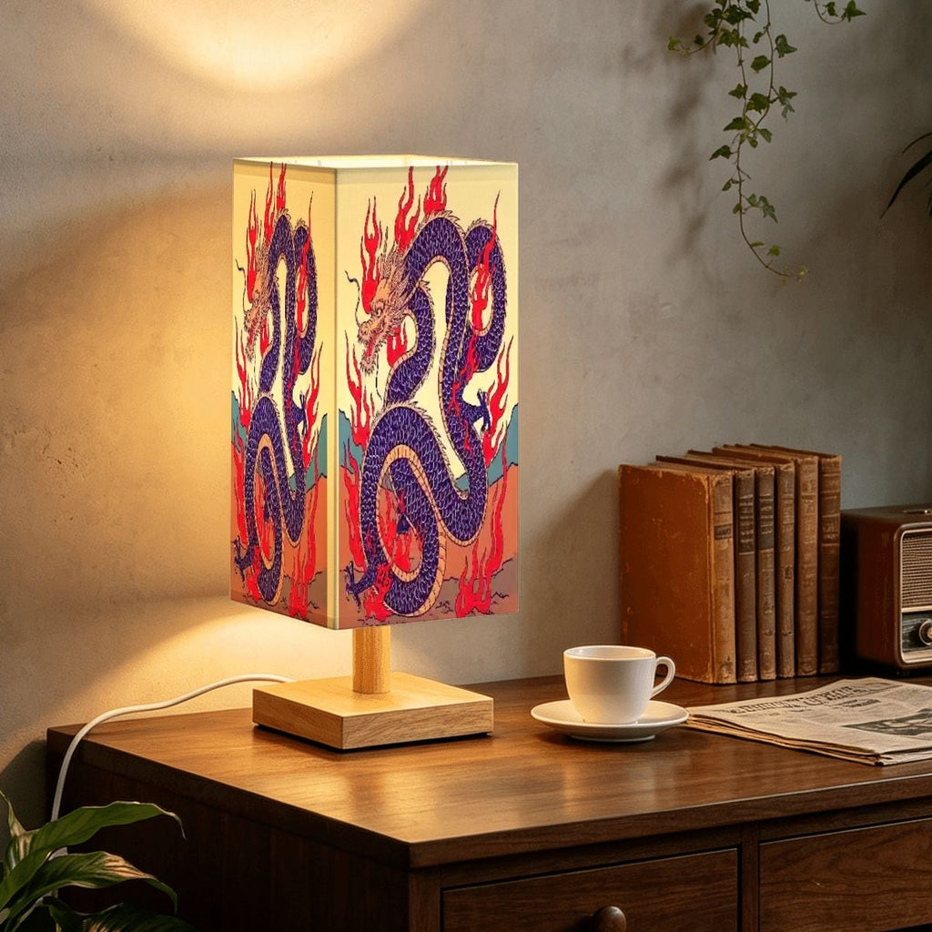 Large Square Table Lamp Fire Dragon Design