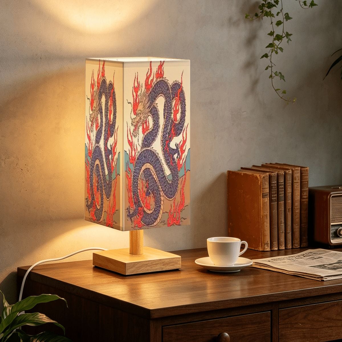 Large Square Table Lamp Fire Dragon Design