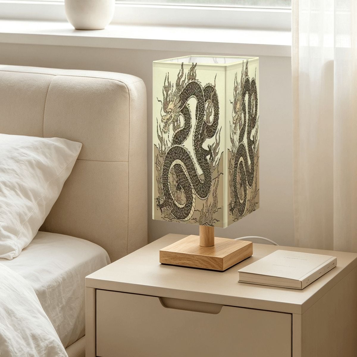 Large Square Table Lamp Fire Dragon Design